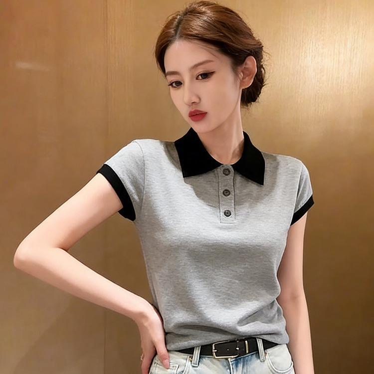 (Không có hình thêu ngựa nhỏ.)Áo polo nữ MUXIN dáng ôm tay ngắn, chất liệu dệt kim, thiết kế vai nổi