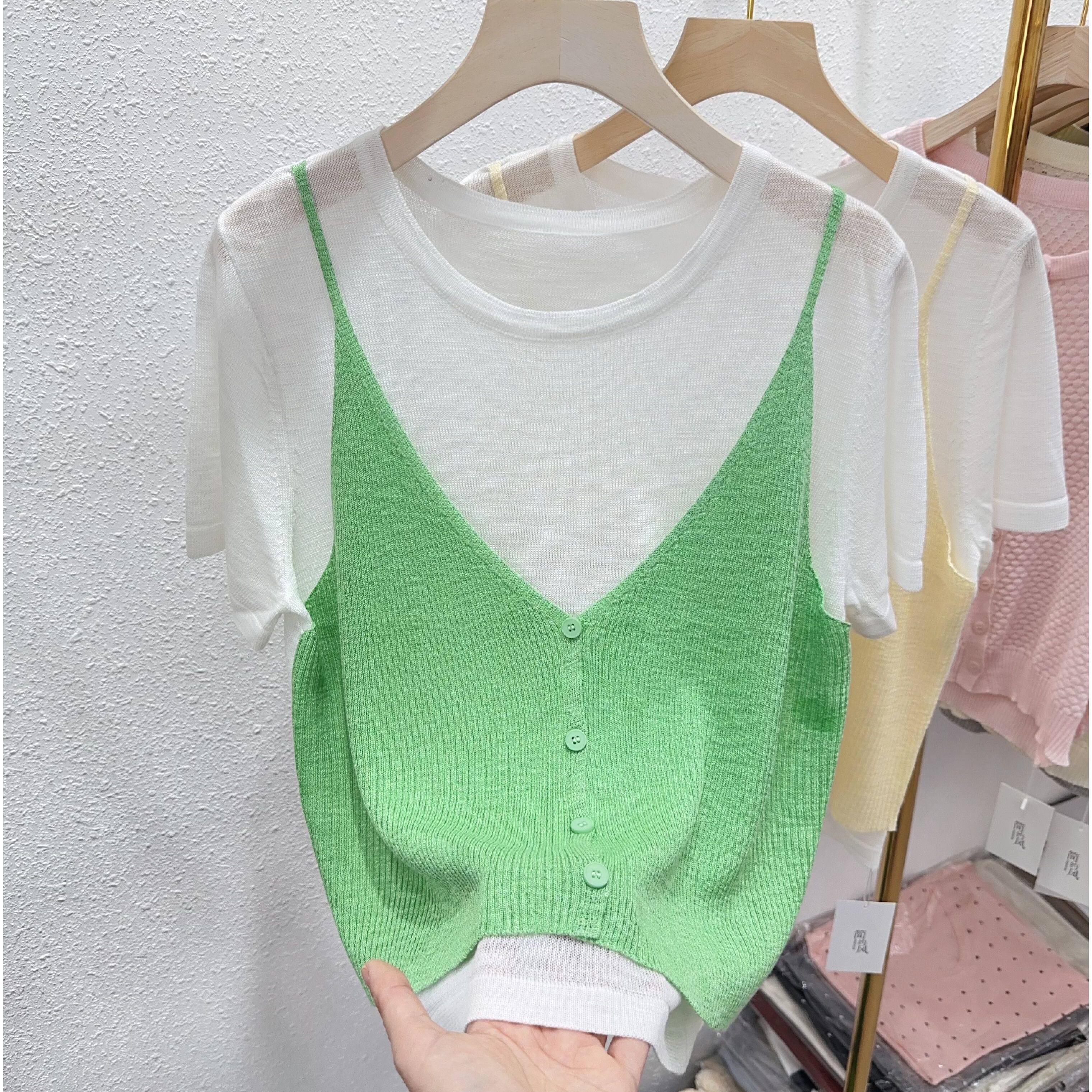 Áo len dệt thô lanh giả hai mảnh MUXIN cho nữ, mẫu mới 2026 | Thiết kế ôm dáng của nhà thiết kế | Tay ngắn thoáng khí, phù hợp mùa hè, đang viral trên TikTok