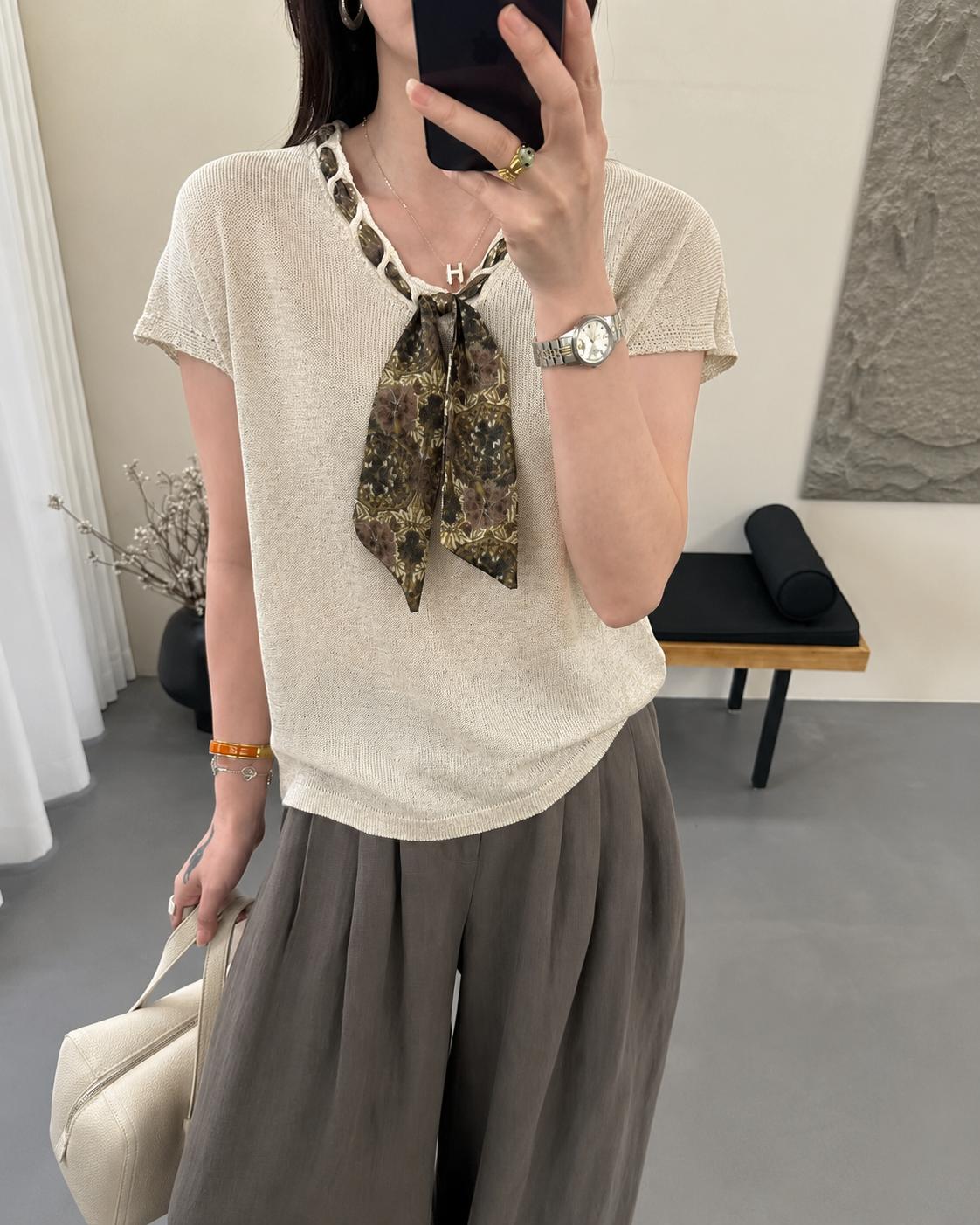 MUXIN Tencel Linen Áo Dệt Kim Cổ V Khăn Lụa - Mùa Hè 2026, Chất Vải Thoáng Khí Mát Mẻ, Thấm Hút Mồ Hôi, Sát Nách Nhẹ Nhàng Phong Cách Old Money