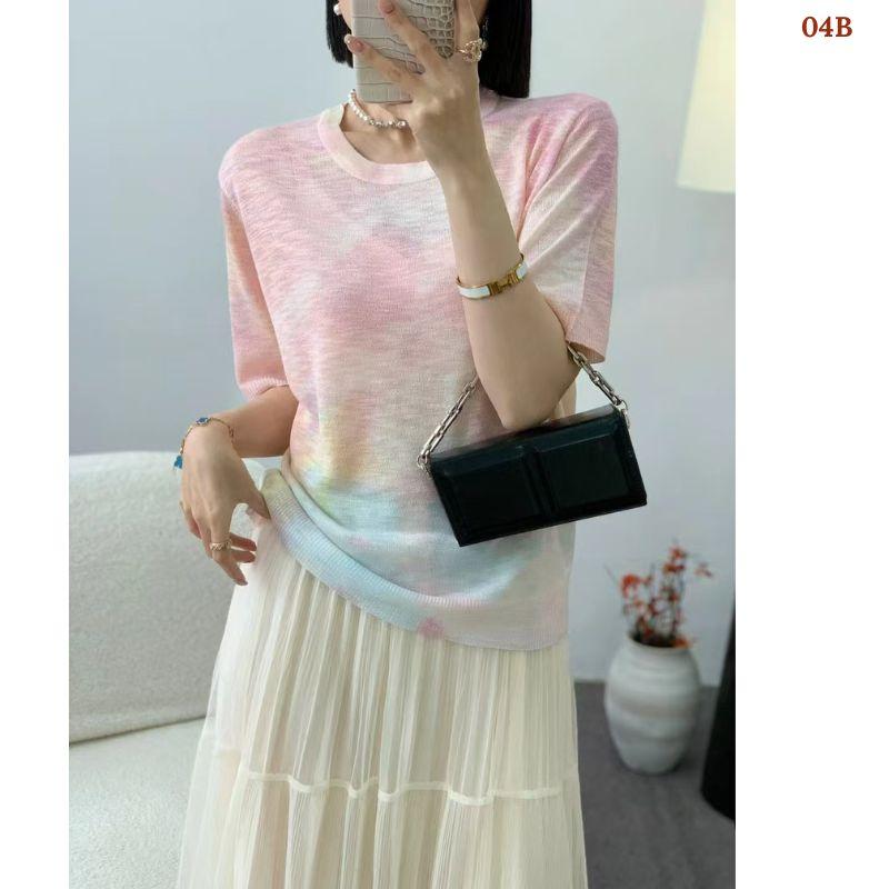 Áo len dệt nhuộm tie-dye chất liệu lụa lạnh MUXIN dành cho nữ, mẫu mới 2026 | Ôm dáng, tay ngắn in họa tiết | Áo mùa hè mát mẻ đang gây sốt trên TikTok