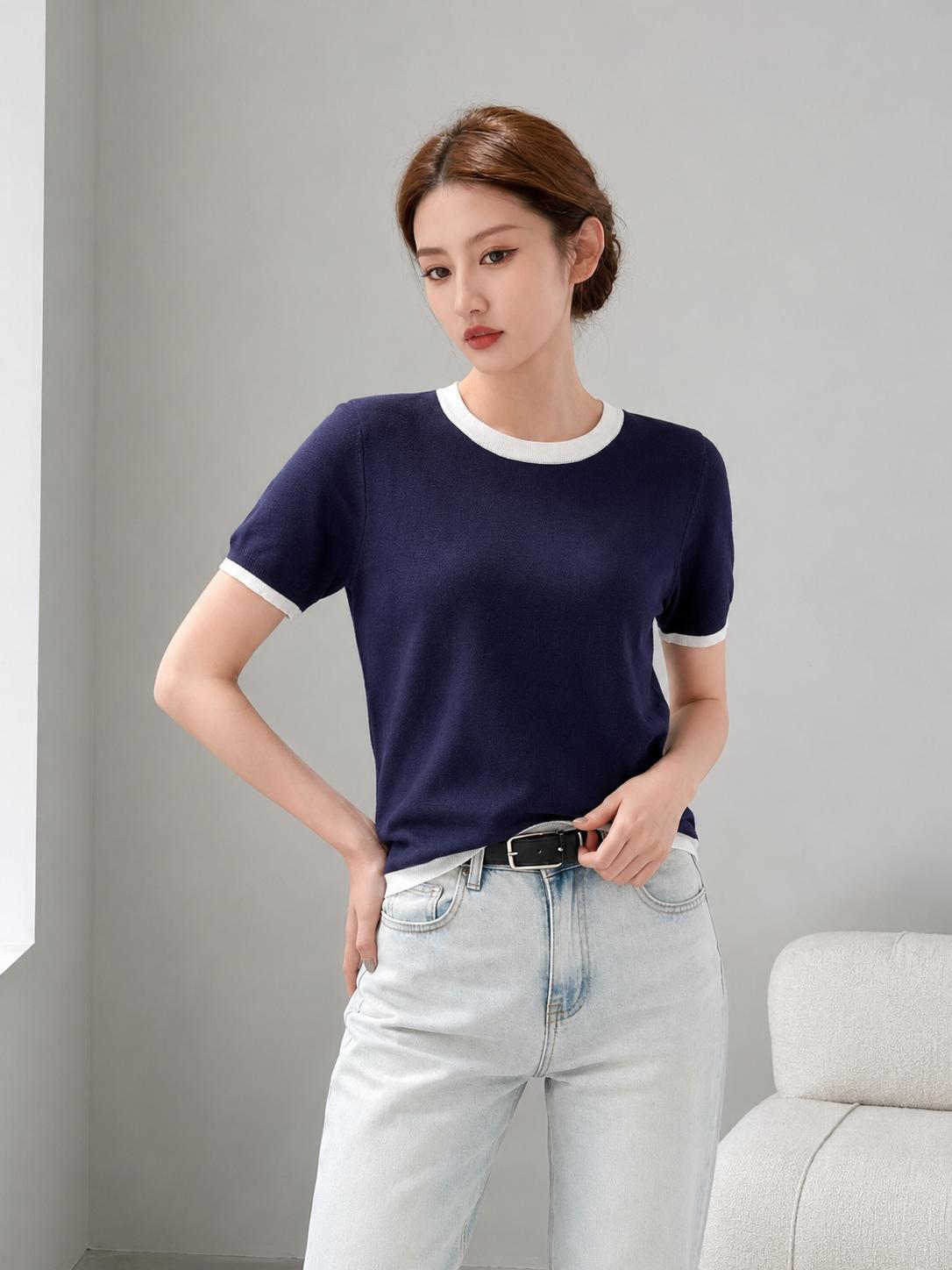 Áo dệt kim nữ MUXIN cổ tròn tay ngắn | Áo crop dáng ôm phong cách Hàn Quốc mùa hè mới | Áo dệt nhẹ viền tương phản | Áo đa năng thoải mái giúp thon gọn, phù hợp đi làm hằng ngày