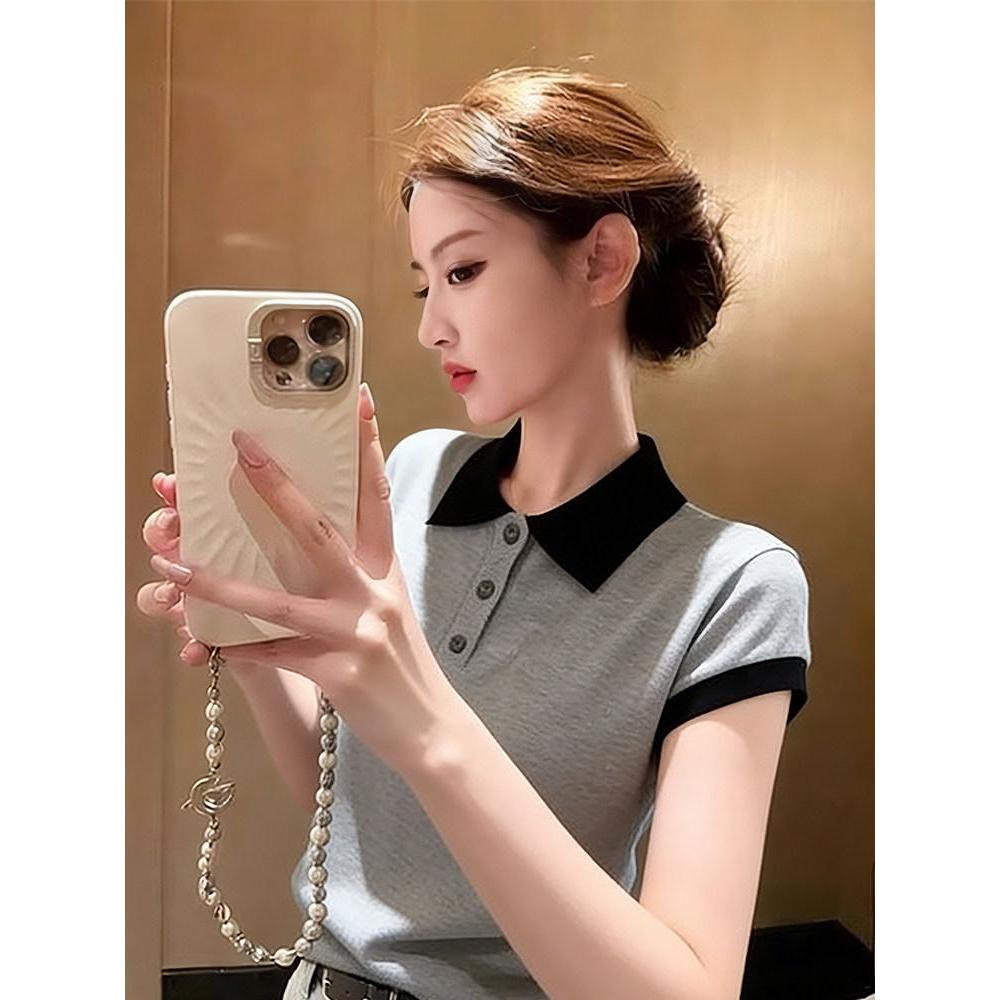 （Không có hình thêu ngựa nhỏ.）Áo polo nữ MUXIN dáng ôm tay ngắn, chất liệu dệt kim, thiết kế vai nổi