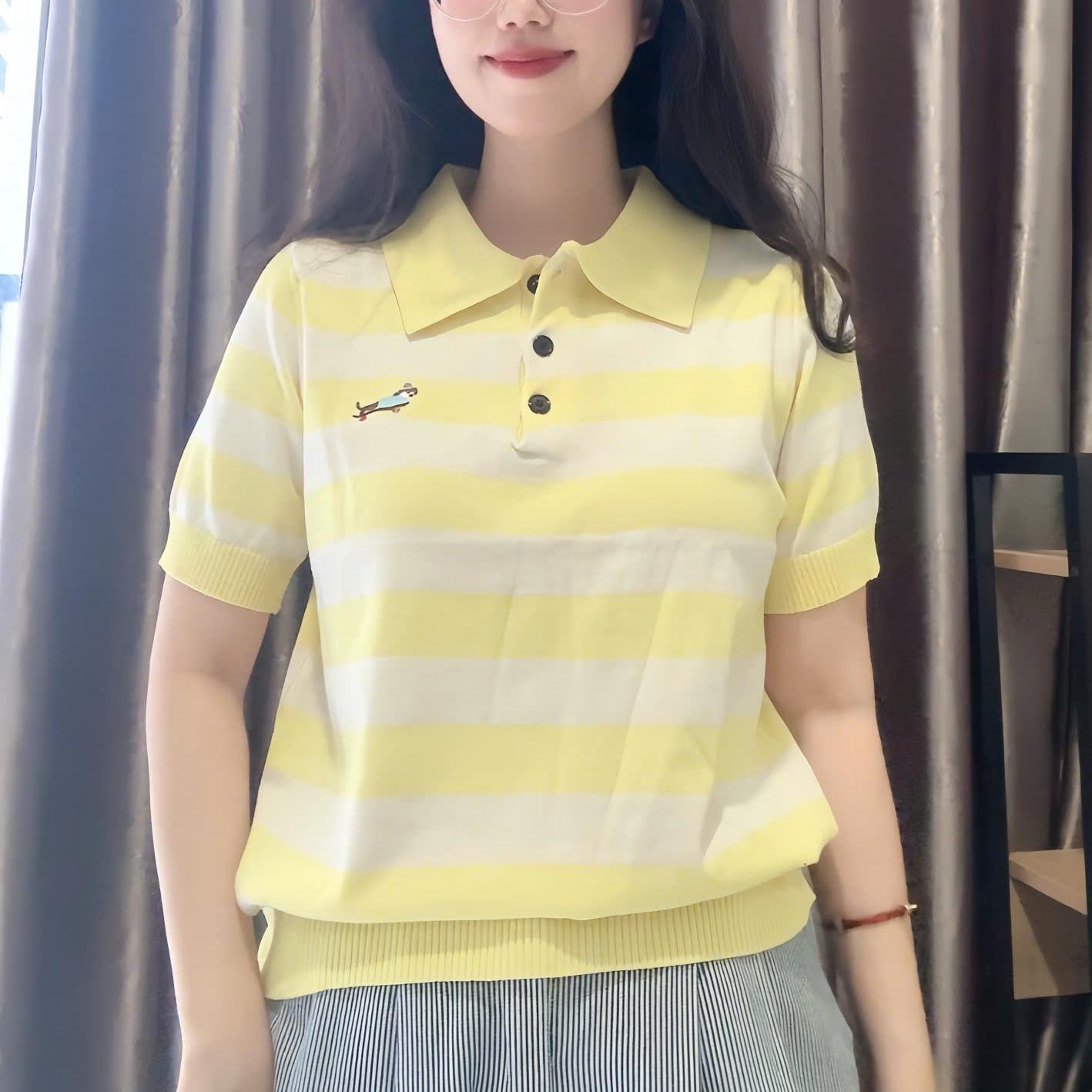 Áo Polo len, Nhẹ, sọc ngang, có thêu, sản phẩm QC
