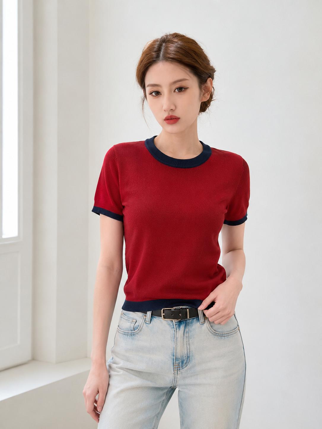 Áo dệt kim nữ MUXIN cổ tròn tay ngắn | Áo crop dáng ôm phong cách Hàn Quốc mùa hè mới | Áo dệt nhẹ viền tương phản | Áo đa năng thoải mái giúp thon gọn, phù hợp đi làm hằng ngày