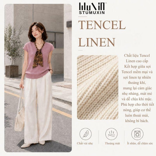 MUXIN Tencel Linen Áo Dệt Kim Cổ V Khăn Lụa - Mùa Hè 2026, Chất Vải Thoáng Khí Mát Mẻ, Thấm Hút Mồ Hôi, Sát Nách Nhẹ Nhàng Phong Cách Old Money