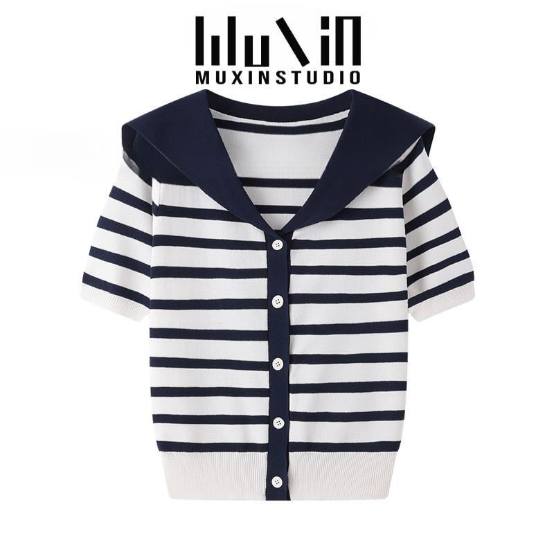 （Xả Kho）T-Shirt Cho Nữ, Muxin, Áo Khoác ngắn Tay Sọc, Cổ Thủy Thủ Kèm Khăn Quàng Cổ, Xu Hướng Mùa Hè Nóng Bỏng, Phong Cách Hàn Quốc, 2025