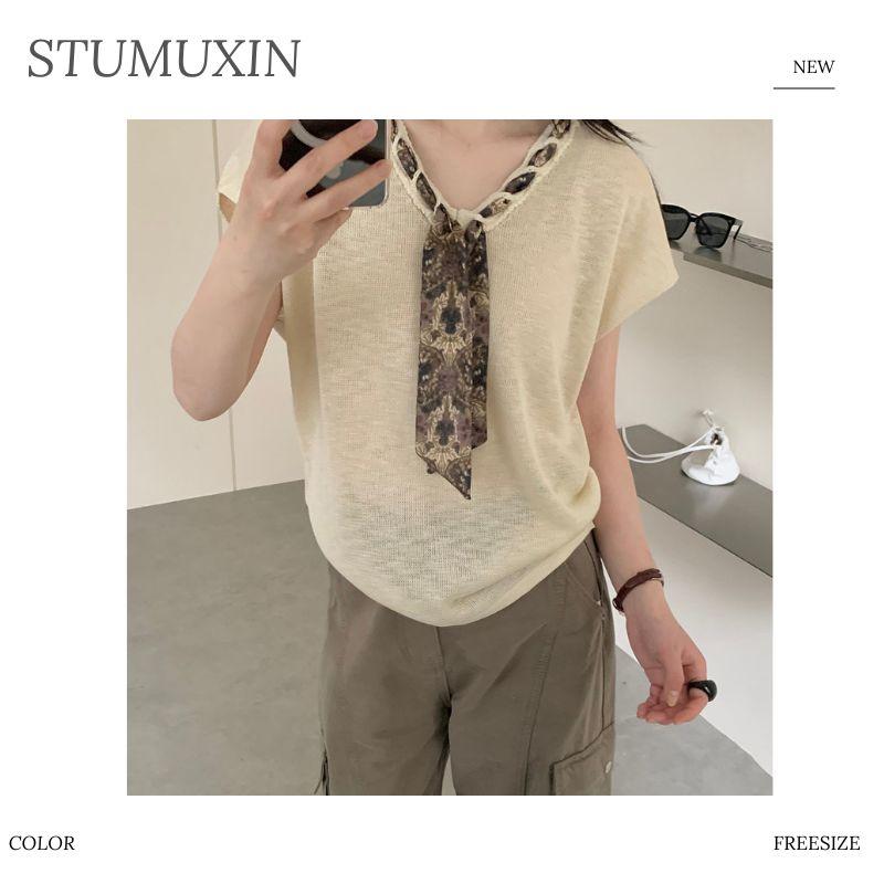 MUXIN Tencel Linen Áo Dệt Kim Cổ V Khăn Lụa - Mùa Hè 2026, Chất Vải Thoáng Khí Mát Mẻ, Thấm Hút Mồ Hôi, Sát Nách Nhẹ Nhàng Phong Cách Old Money