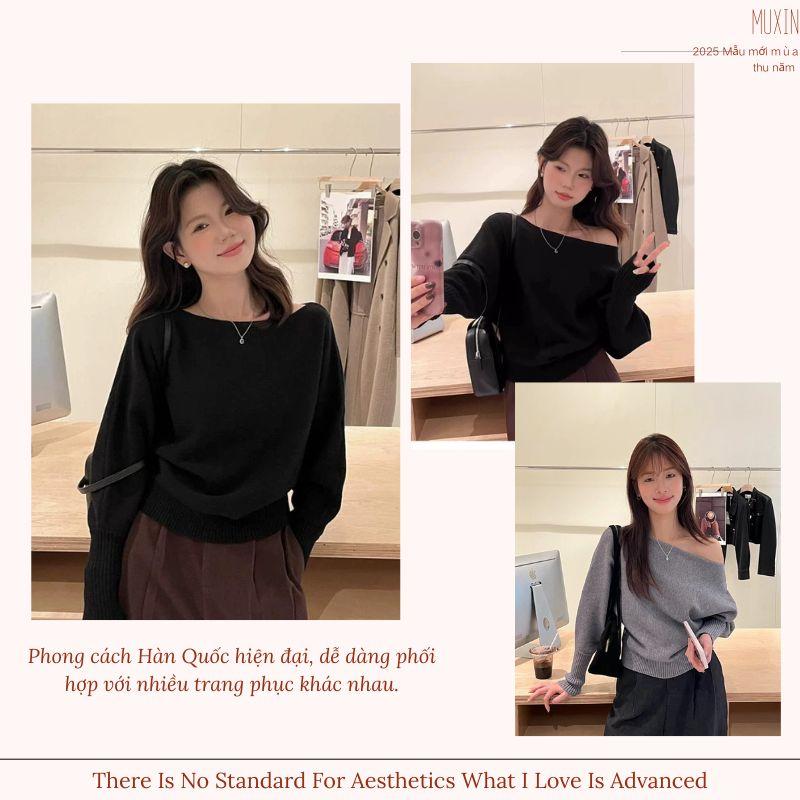 Áo len nữ MUXIN phong cách Hàn Quốc dáng lệch vai / trễ vai | Cổ áo tôn dáng | Ôm thanh lịch | Mềm mại & co giãn | Phong cách đa năng cho mùa thu/mùa đông