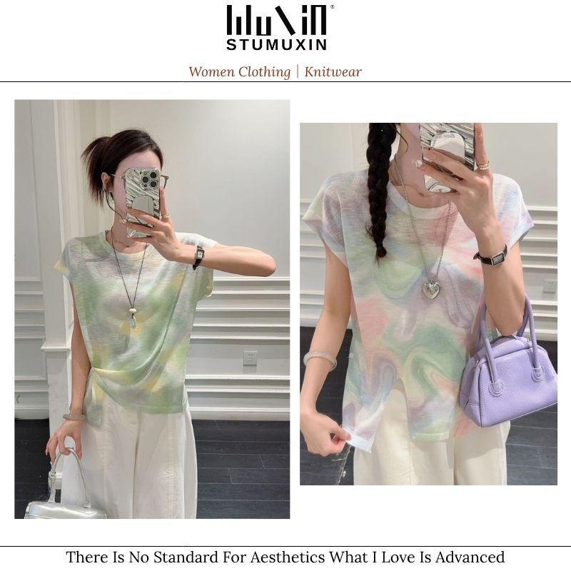 Áo len dệt nhuộm tie-dye chất liệu lụa lạnh MUXIN dành cho nữ, mẫu mới 2026 | Ôm dáng, tay ngắn in họa tiết | Áo mùa hè mát mẻ đang gây sốt trên TikTok