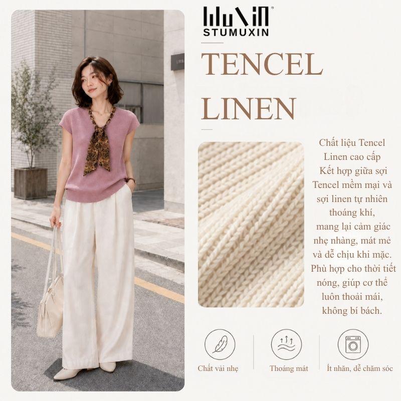 MUXIN-Áo len không tay  chất liệu Tencel linen với khăn quàng cổ dáng chữ V – mùa hè 2026 thoáng khí mát mẻ, thấm mồ hôi nhẹ, phong cách tiền bạc cổ điển