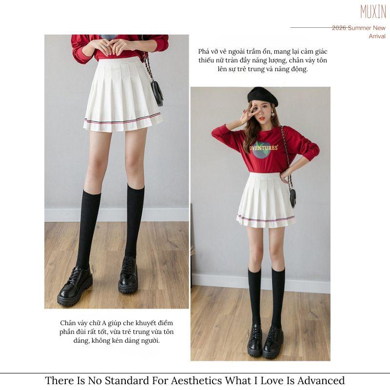 MUXIN Pleated Skirt – High Waist A-line Skirt in Blue & White, Slim Fit Preppy Style