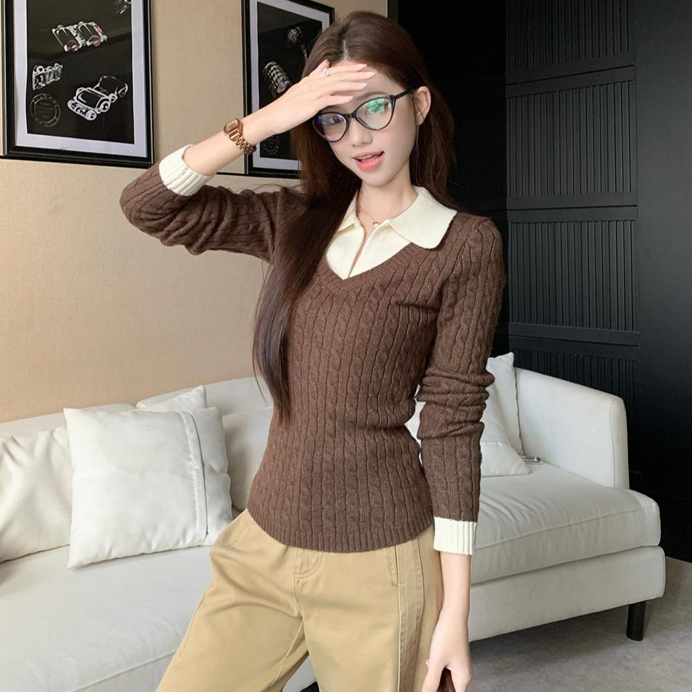 Áo len nữ Muxin phối hai lớp giả cổ polo, dệt kim, dáng rộng, phù hợp mùa thu đông