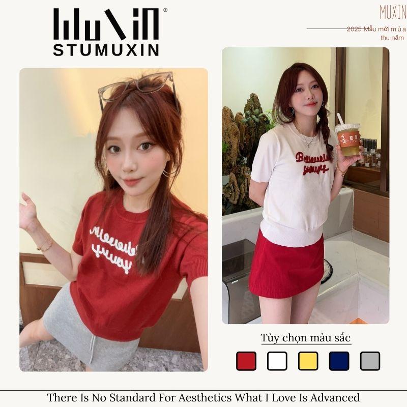 （Xả Kho） T-Shirt Dệt Kim Croptop Nữ Phong Cách Hàn Quốc, Tay Ngắn Thêu Chữ Đơn Giản, Cổ Tròn, Áo Mùa Hè Mát Mẻ, Thoáng Khí, Dễ Phối Đồ, Style Dopamine, Áo Croptop Hot Trend