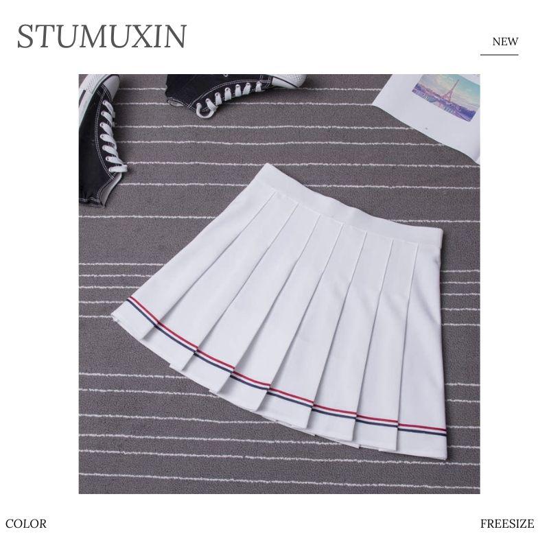 Váy xếp ly MUXIN – Váy dáng chữ A cạp cao màu xanh và trắng, ôm dáng phong cách preppy