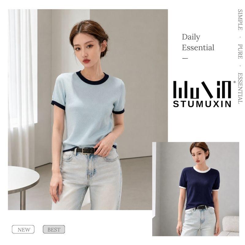 Áo dệt kim nữ MUXIN cổ tròn tay ngắn | Áo crop dáng ôm phong cách Hàn Quốc mùa hè mới | Áo dệt nhẹ viền tương phản | Áo đa năng thoải mái giúp thon gọn, phù hợp đi làm hằng ngày