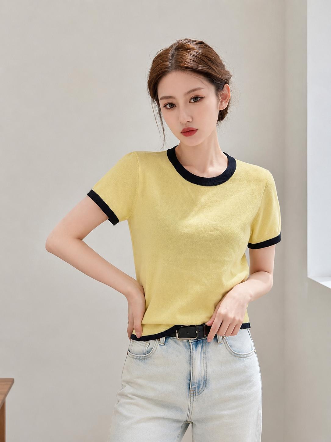 Áo dệt kim nữ MUXIN cổ tròn tay ngắn | Áo crop dáng ôm phong cách Hàn Quốc mùa hè mới | Áo dệt nhẹ viền tương phản | Áo đa năng thoải mái giúp thon gọn, phù hợp đi làm hằng ngày
