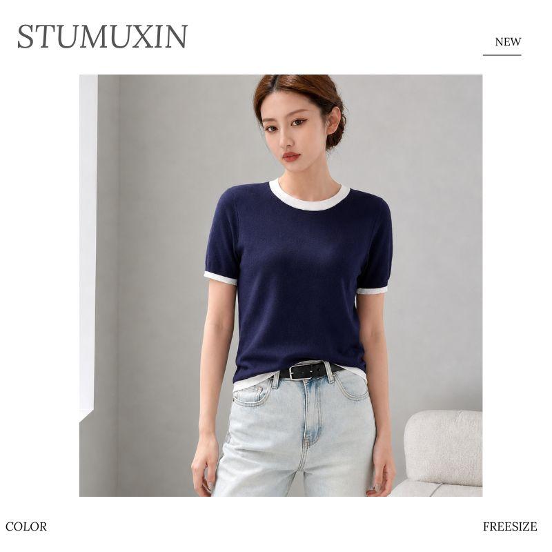 Áo dệt kim nữ MUXIN cổ tròn tay ngắn | Áo crop dáng ôm phong cách Hàn Quốc mùa hè mới | Áo dệt nhẹ viền tương phản | Áo đa năng thoải mái giúp thon gọn, phù hợp đi làm hằng ngày