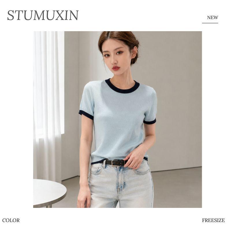 Áo dệt kim nữ MUXIN cổ tròn tay ngắn | Áo crop dáng ôm phong cách Hàn Quốc mùa hè mới | Áo dệt nhẹ viền tương phản | Áo đa năng thoải mái giúp thon gọn, phù hợp đi làm hằng ngày