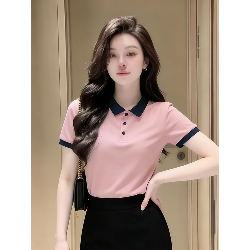 （Không có hình thêu ngựa nhỏ.）Áo polo nữ MUXIN dáng ôm tay ngắn, chất liệu dệt kim, thiết kế vai nổi