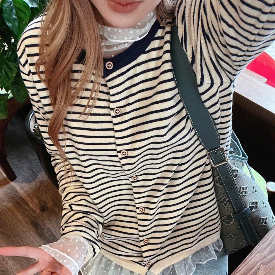 MUXIN Korean-Style Striped Knit Cardigan for Women | Slimming & Versatile | Soft & Comfortable | Fall/Winter Layering Piece