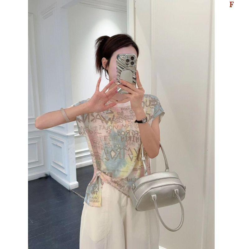 Áo len dệt nhuộm tie-dye chất liệu lụa lạnh MUXIN dành cho nữ, mẫu mới 2026 | Ôm dáng, tay ngắn in họa tiết | Áo mùa hè mát mẻ đang gây sốt trên TikTok