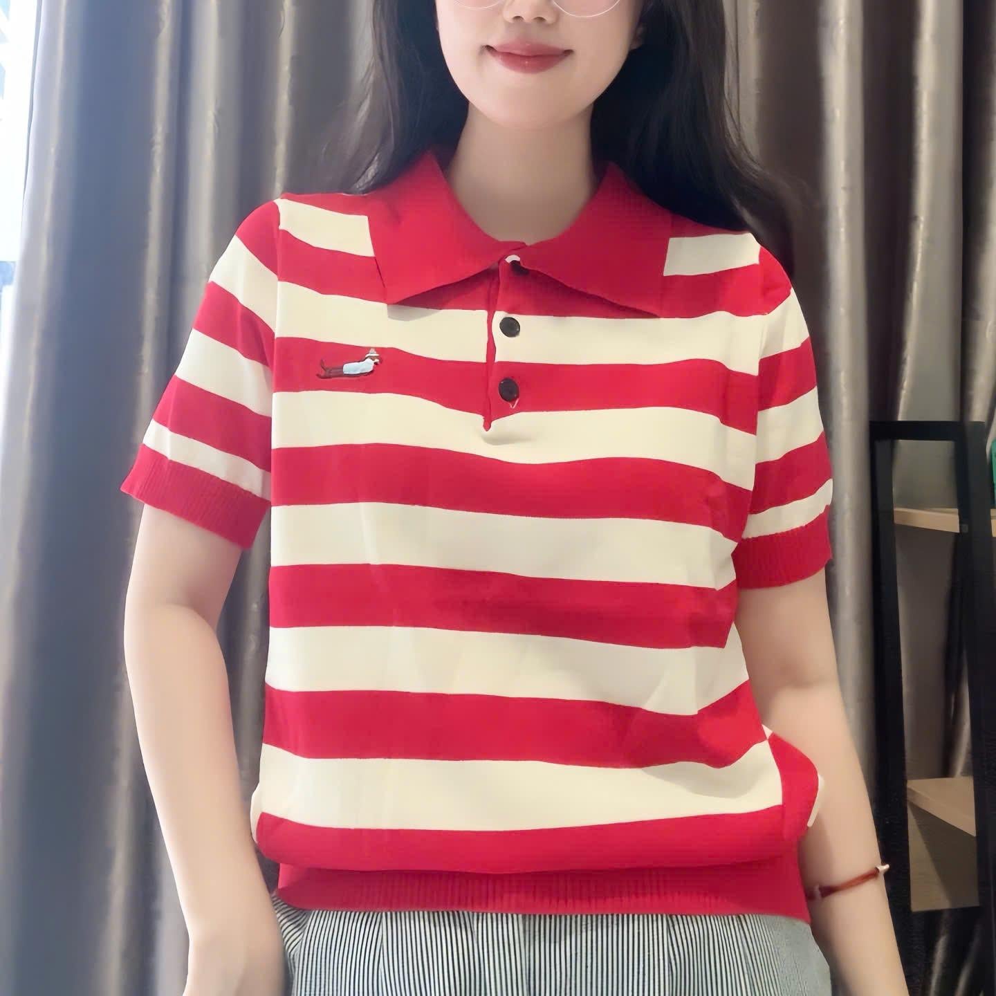 Áo Polo len, Nhẹ, sọc ngang, có thêu, sản phẩm QC