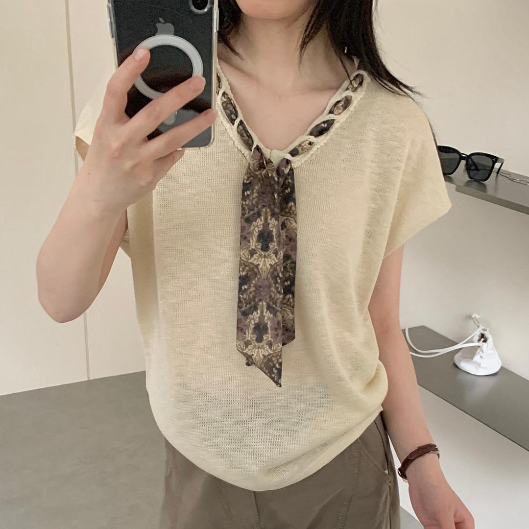 MUXIN-Áo len không tay  chất liệu Tencel linen với khăn quàng cổ dáng chữ V – mùa hè 2026 thoáng khí mát mẻ, thấm mồ hôi nhẹ, phong cách tiền bạc cổ điển