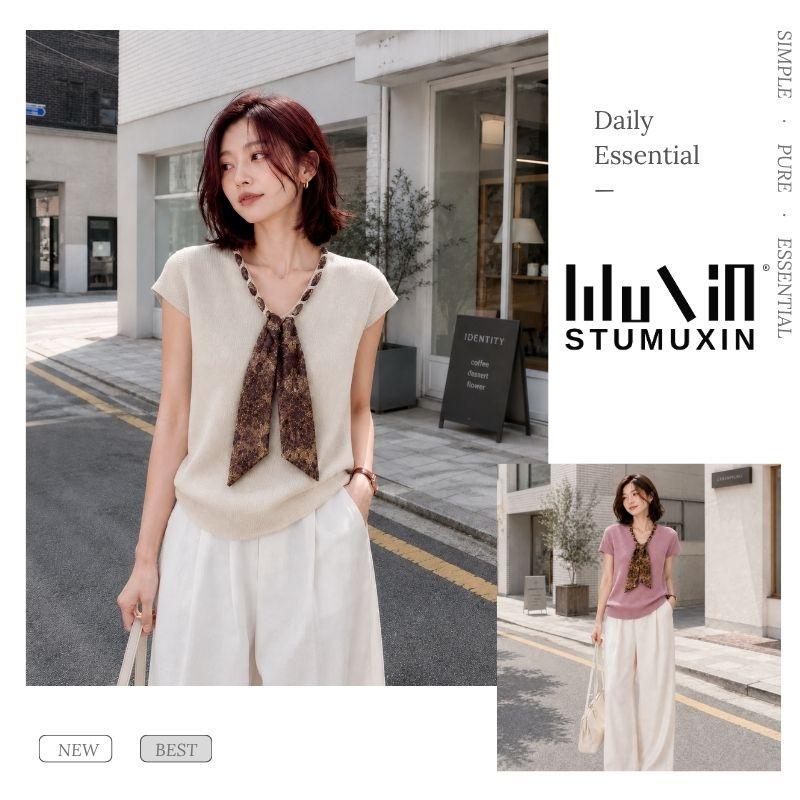 MUXIN Tencel Linen Áo Dệt Kim Cổ V Khăn Lụa - Mùa Hè 2026, Chất Vải Thoáng Khí Mát Mẻ, Thấm Hút Mồ Hôi, Sát Nách Nhẹ Nhàng Phong Cách Old Money
