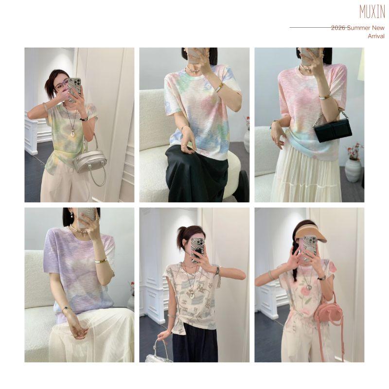 Áo len dệt nhuộm tie-dye chất liệu lụa lạnh MUXIN dành cho nữ, mẫu mới 2026 | Ôm dáng, tay ngắn in họa tiết | Áo mùa hè mát mẻ đang gây sốt trên TikTok