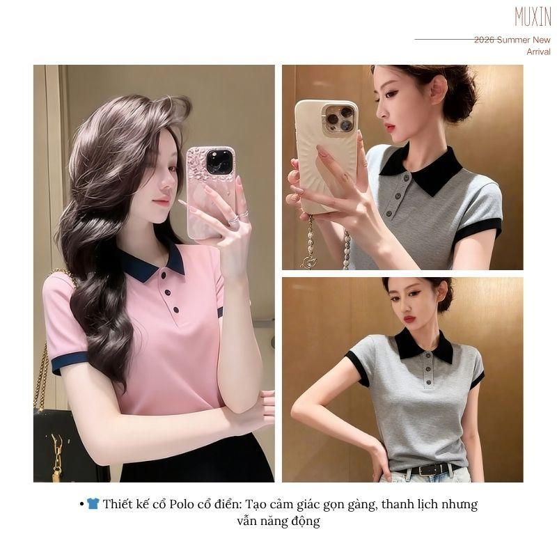 （Không có hình thêu ngựa nhỏ.）Áo polo nữ MUXIN dáng ôm tay ngắn, chất liệu dệt kim, thiết kế vai nổi
