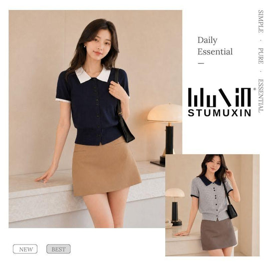 Áo cardigan len nữ MUXIN cổ polo tay ngắn | Áo crop dáng ôm phong cách Hàn Quốc mới mùa hè | Áo len nhẹ có cổ tương phản | Áo thời trang đa năng tôn dáng phù hợp đi làm hằng ngày