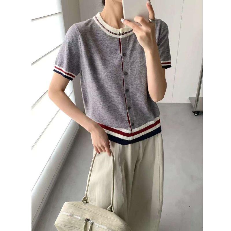 （Không có hình thêu ngựa nhỏ.）Áo len nữ MUXIN phong cách Hàn Quốc mới, cổ tròn, phối màu khối kiểu Anh, dáng rộng, phong cách thường ngày
