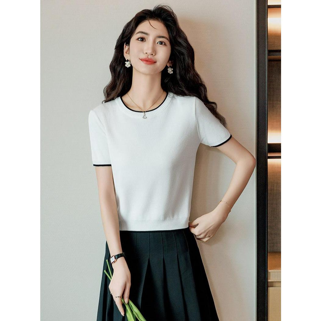 Áo len dệt kim lụa lạnh MUXIN tay ngắn | Áo mùa hè nhẹ cổ tròn, đa năng và tôn dáng cho mọi vóc dáng