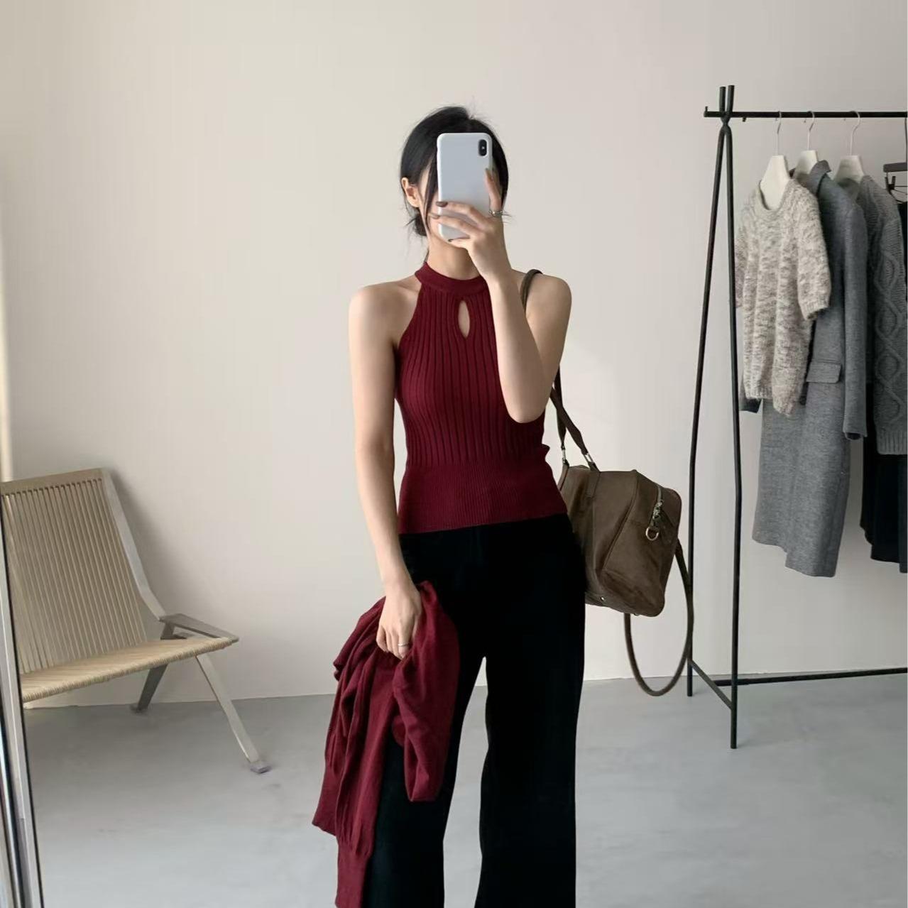 Bộ đồ len MUXIN phong cách Hàn Quốc cổ điển màu đỏ đô – áo cardigan và áo ba lỗ thanh lịch, bộ hai món
