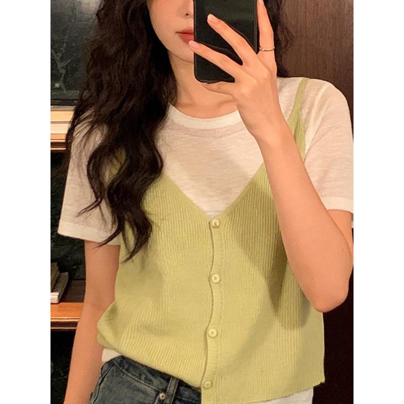 Áo len dệt thô lanh giả hai mảnh MUXIN cho nữ, mẫu mới 2026 | Thiết kế ôm dáng của nhà thiết kế | Tay ngắn thoáng khí, phù hợp mùa hè, đang viral trên TikTok