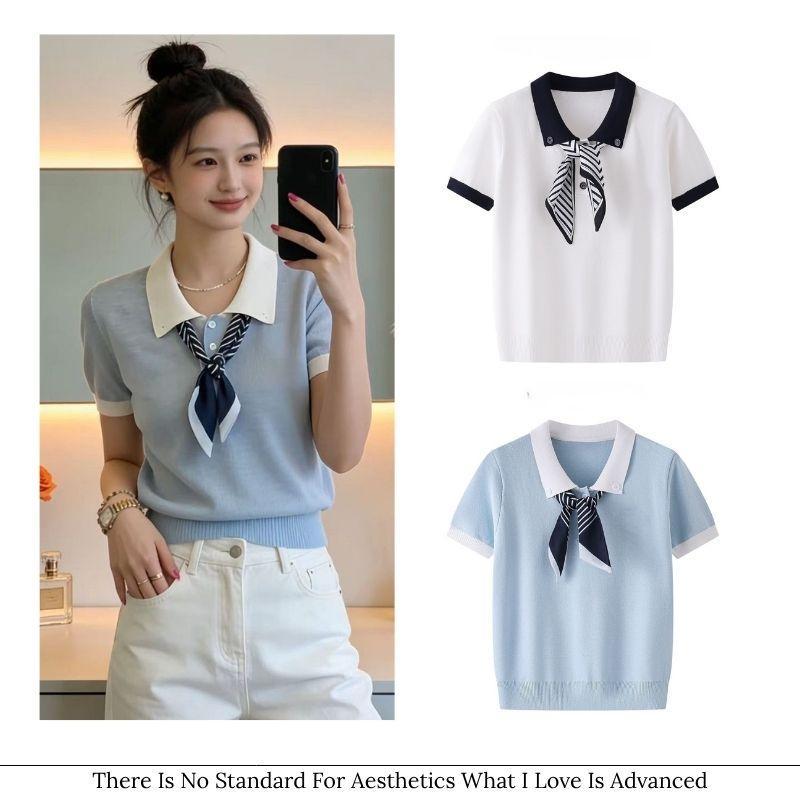 Áo len cổ yếm MUXIN cho nữ, mẫu mới 2026 | Ôm dáng vai với thiết kế nổi bật, tay ngắn | Áo lụa lạnh đa năng cho mùa hè, phù hợp công sở