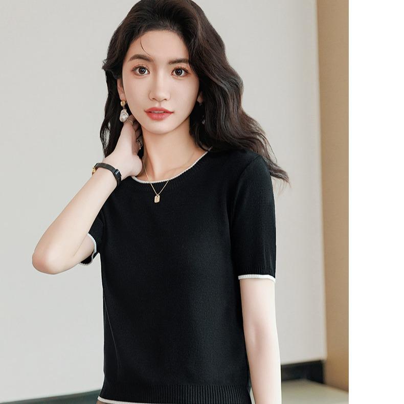 Áo len dệt kim lụa lạnh MUXIN tay ngắn | Áo mùa hè nhẹ cổ tròn, đa năng và tôn dáng cho mọi vóc dáng