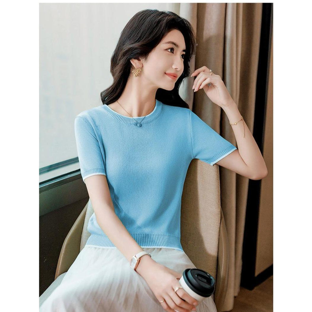 Áo len dệt kim lụa lạnh MUXIN tay ngắn | Áo mùa hè nhẹ cổ tròn, đa năng và tôn dáng cho mọi vóc dáng