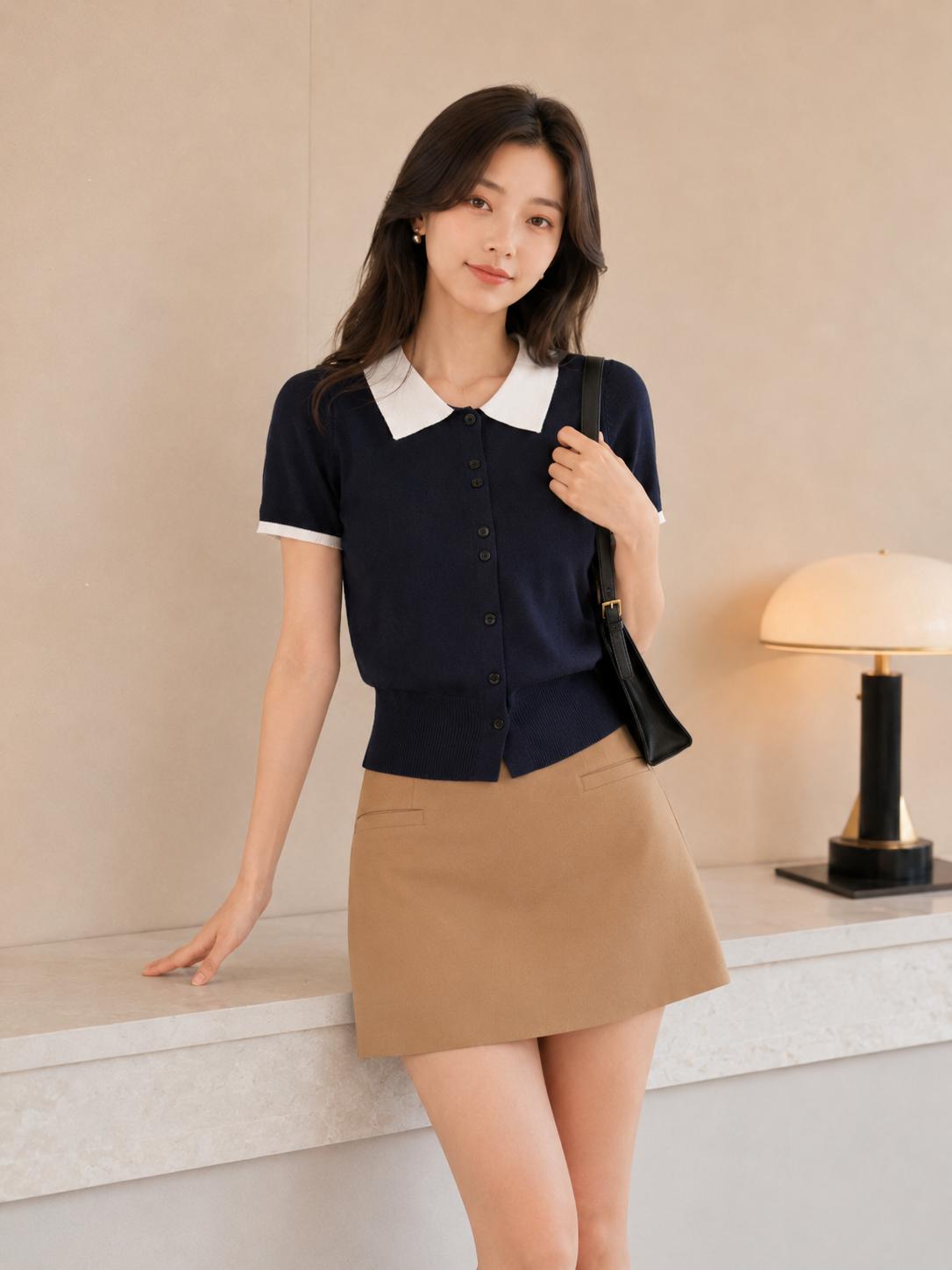 Áo cardigan len nữ MUXIN cổ polo tay ngắn | Áo crop dáng ôm phong cách Hàn Quốc mới mùa hè | Áo len nhẹ có cổ tương phản | Áo thời trang đa năng tôn dáng phù hợp đi làm hằng ngày