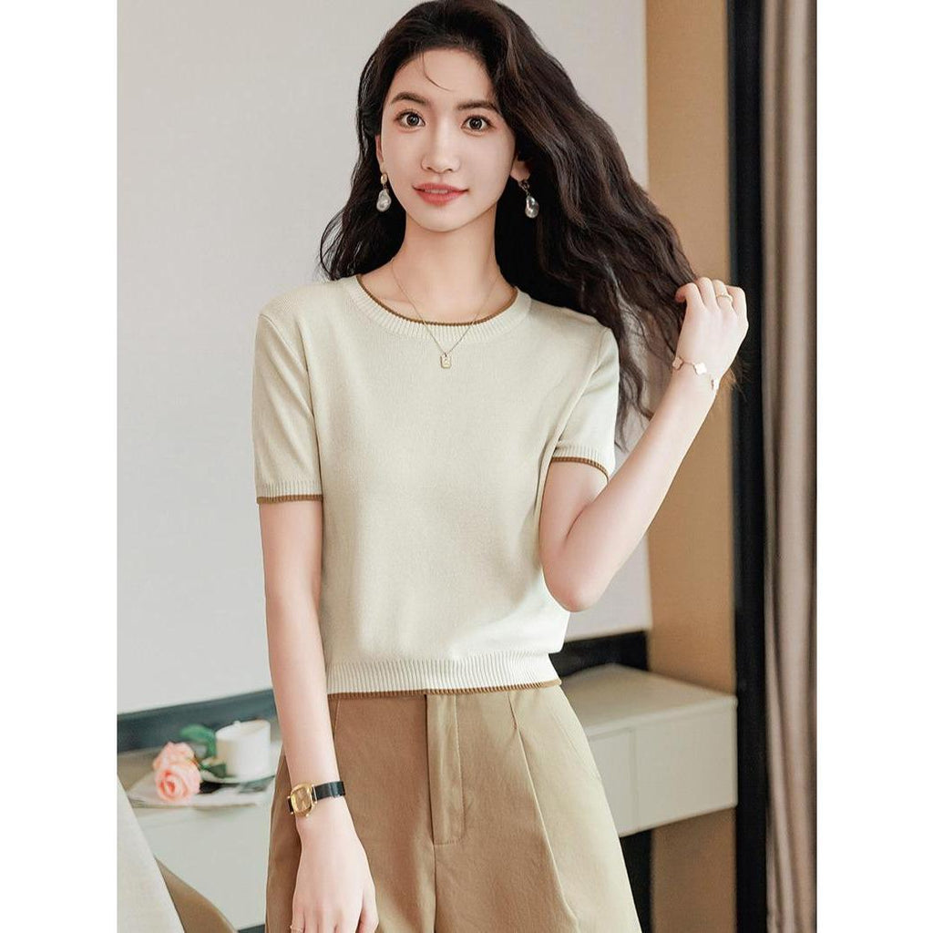 Áo len dệt kim lụa lạnh MUXIN tay ngắn | Áo mùa hè nhẹ cổ tròn, đa năng và tôn dáng cho mọi vóc dáng