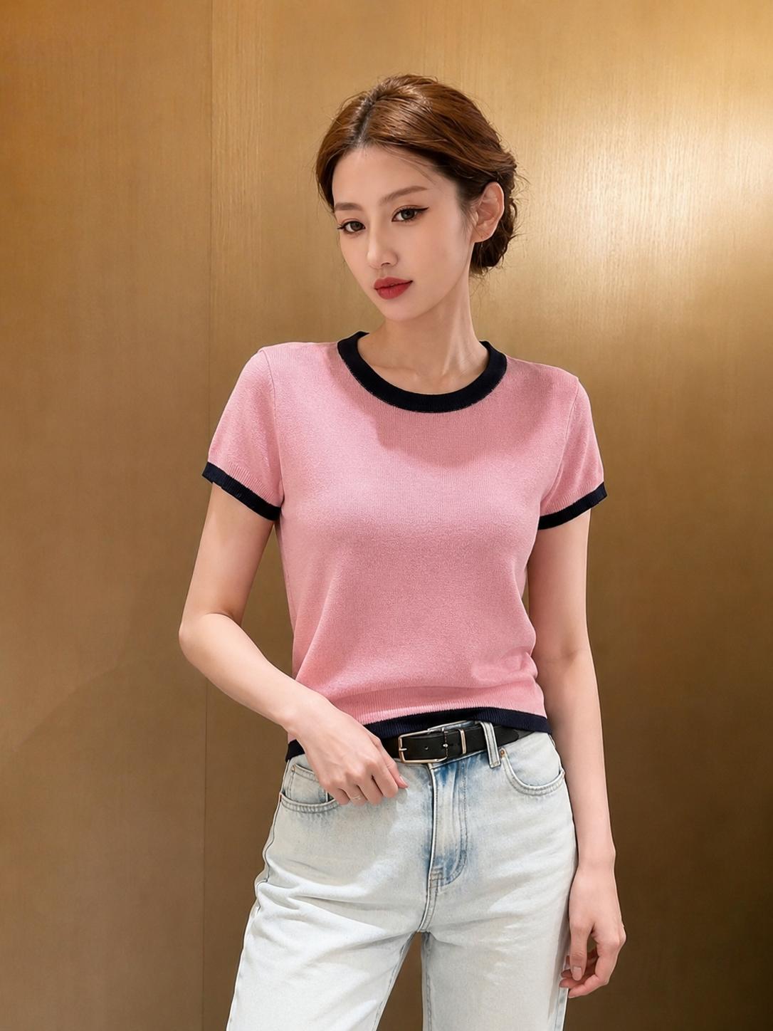 Áo dệt kim nữ MUXIN cổ tròn tay ngắn | Áo crop dáng ôm phong cách Hàn Quốc mùa hè mới | Áo dệt nhẹ viền tương phản | Áo đa năng thoải mái giúp thon gọn, phù hợp đi làm hằng ngày