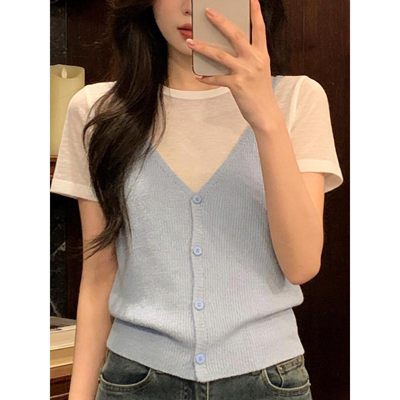 Áo len dệt thô lanh giả hai mảnh MUXIN cho nữ, mẫu mới 2026 | Thiết kế ôm dáng của nhà thiết kế | Tay ngắn thoáng khí, phù hợp mùa hè, đang viral trên TikTok