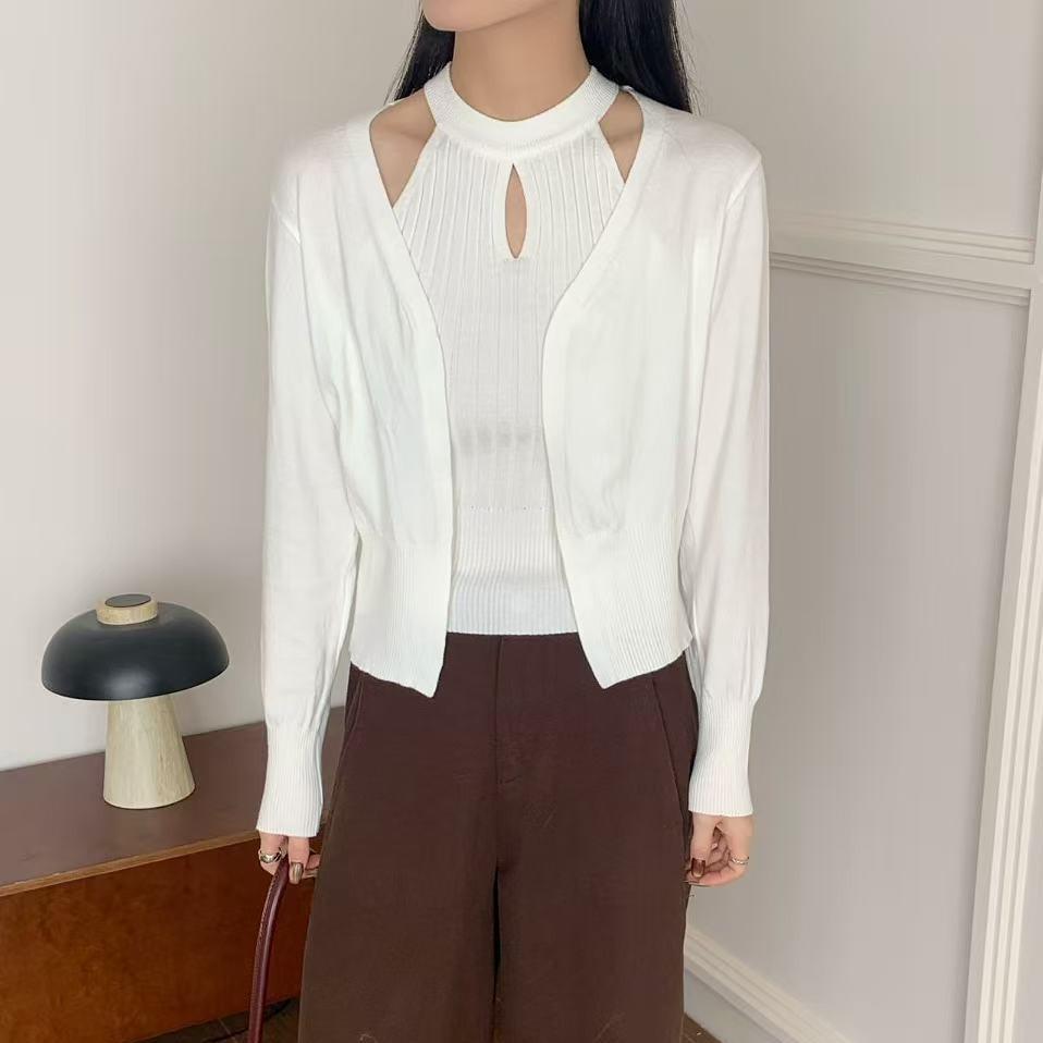 Bộ đồ len MUXIN phong cách Hàn Quốc cổ điển màu đỏ đô – áo cardigan và áo ba lỗ thanh lịch, bộ hai món