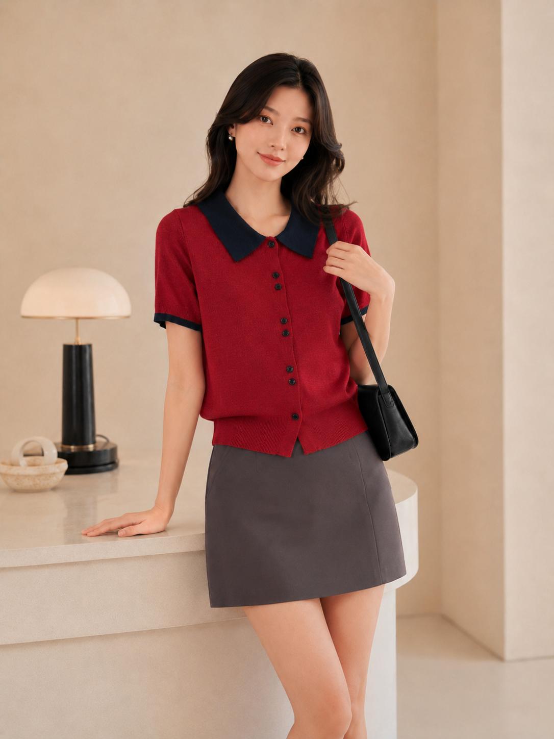 Áo cardigan len nữ MUXIN cổ polo tay ngắn | Áo crop dáng ôm phong cách Hàn Quốc mới mùa hè | Áo len nhẹ có cổ tương phản | Áo thời trang đa năng tôn dáng phù hợp đi làm hằng ngày