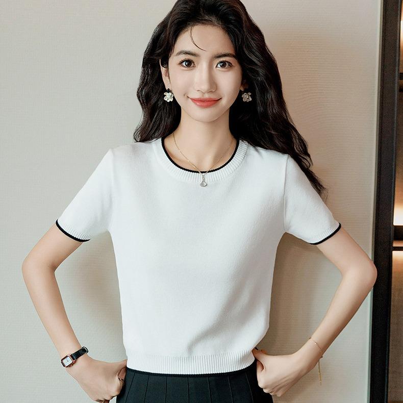 Áo len dệt kim lụa lạnh MUXIN tay ngắn | Áo mùa hè nhẹ cổ tròn, đa năng và tôn dáng cho mọi vóc dáng