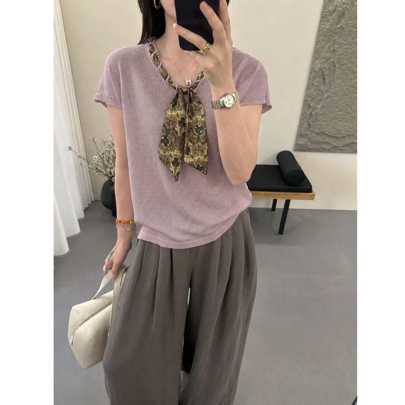 MUXIN-Áo len không tay  chất liệu Tencel linen với khăn quàng cổ dáng chữ V – mùa hè 2026 thoáng khí mát mẻ, thấm mồ hôi nhẹ, phong cách tiền bạc cổ điển