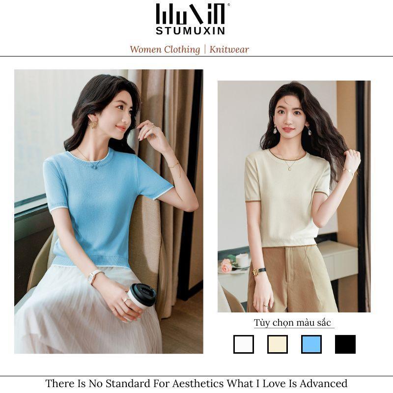 Áo len dệt kim lụa lạnh MUXIN tay ngắn | Áo mùa hè nhẹ cổ tròn, đa năng và tôn dáng cho mọi vóc dáng