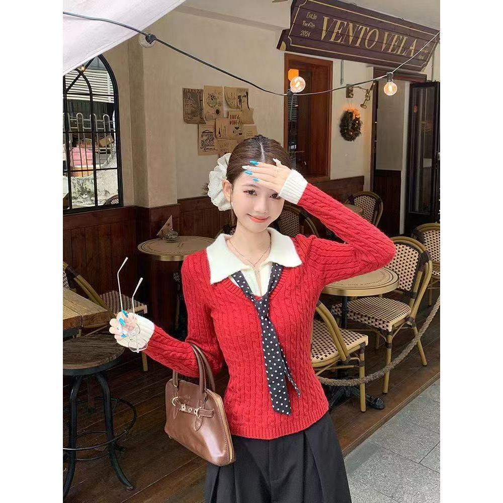 Áo len nữ Muxin phối hai lớp giả cổ polo, dệt kim, dáng rộng, phù hợp mùa thu đông