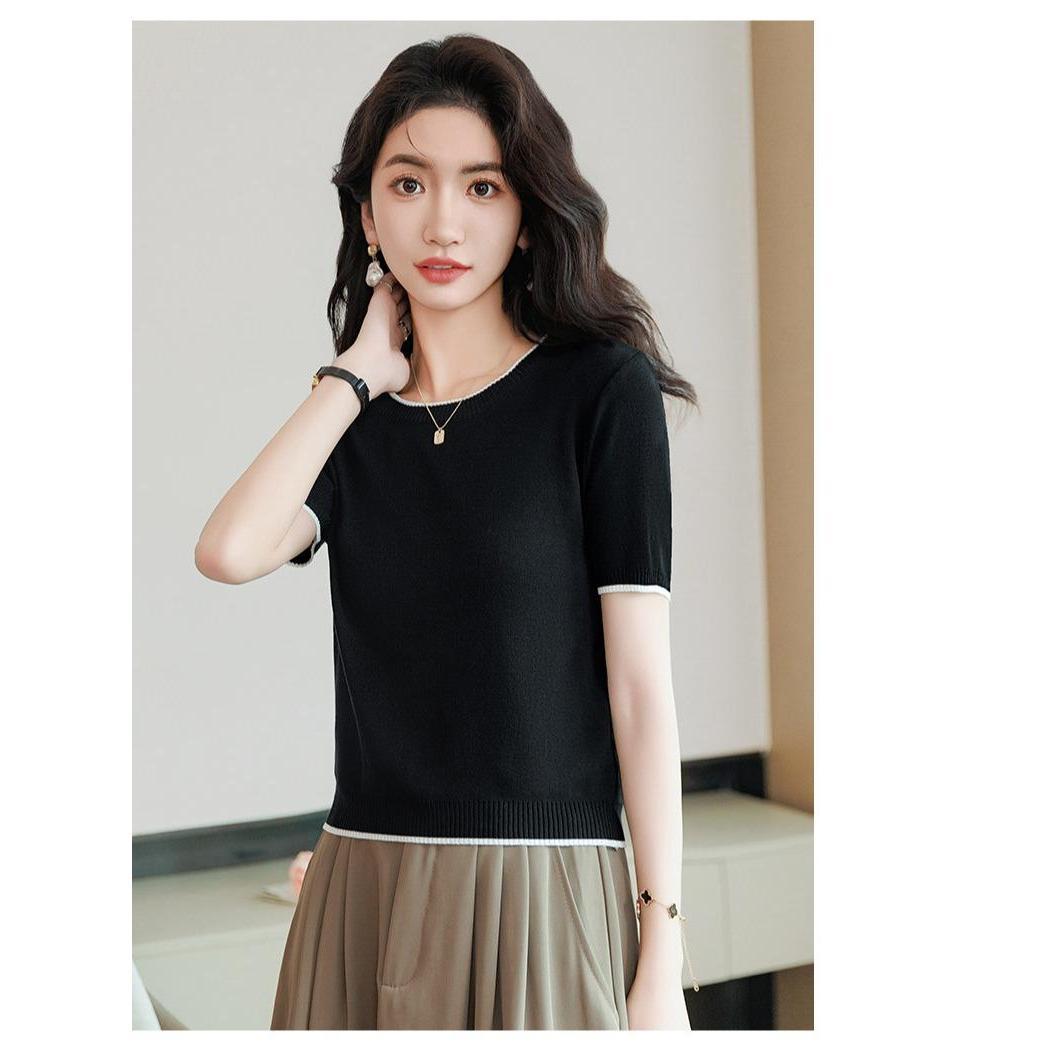 Áo len dệt kim lụa lạnh MUXIN tay ngắn | Áo mùa hè nhẹ cổ tròn, đa năng và tôn dáng cho mọi vóc dáng