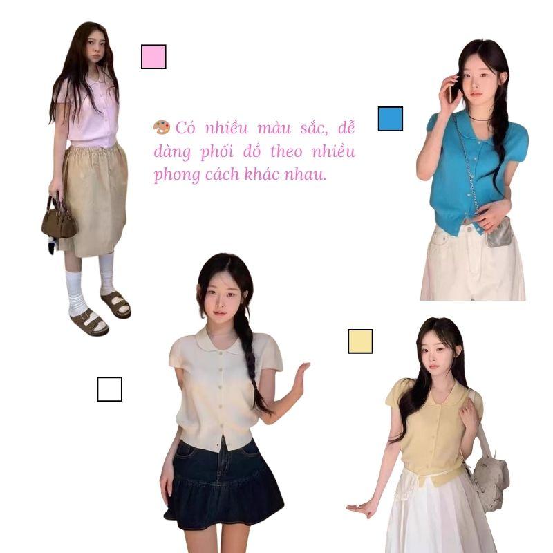Áo len polo nữ MUXIN Xuân Hè 2026 mới, cổ búp bê, tay phồng ngắn, dáng ôm